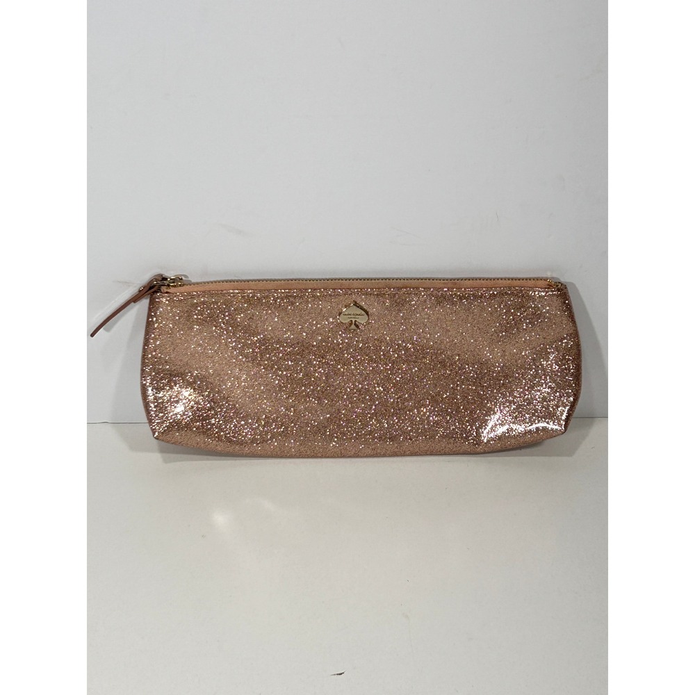 Kate Spade Rose Gold Glitter Zip Cosmetic Pouch Makeup Bag Polka Dot Lining